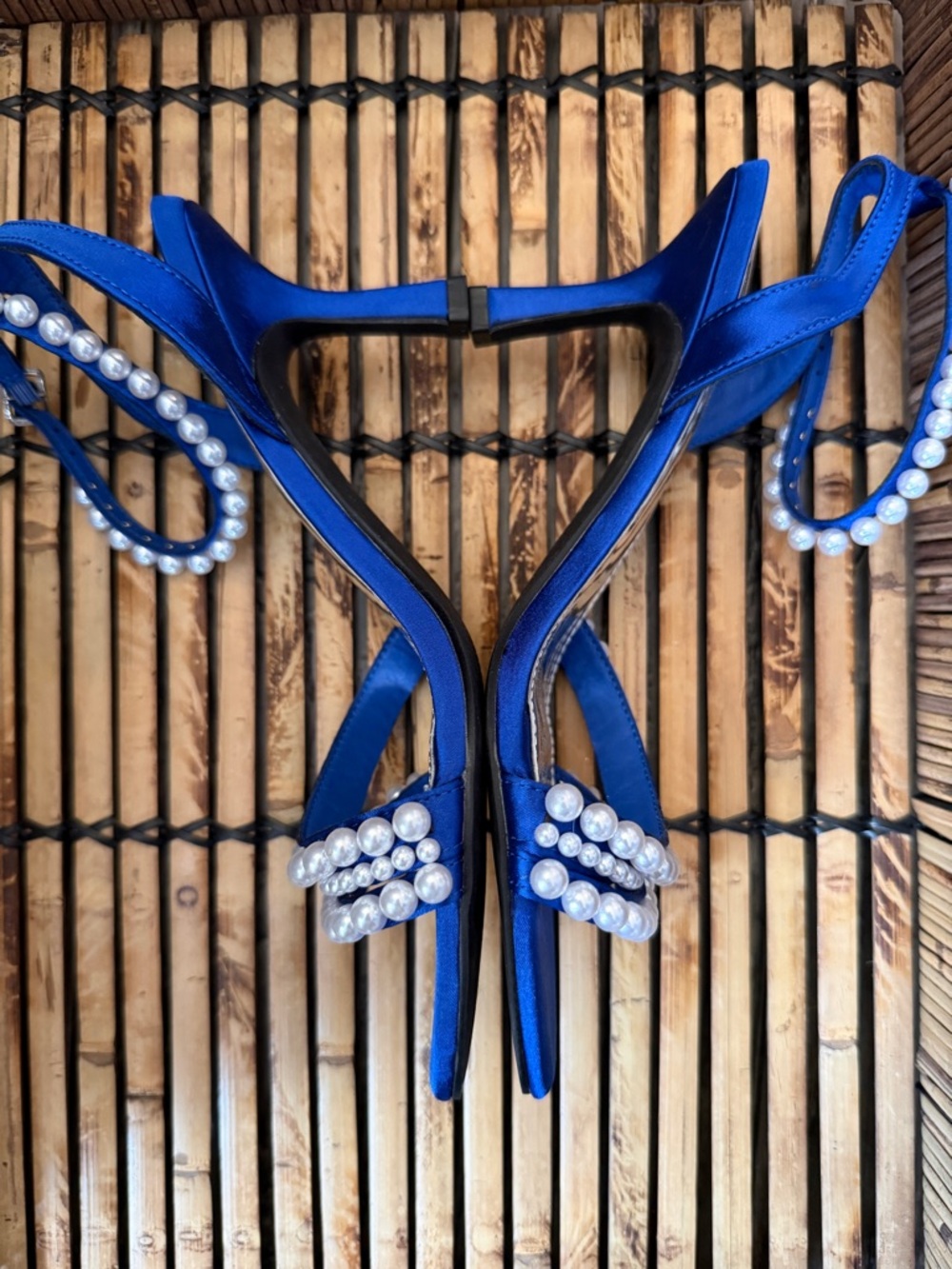 NEW Blue Satin Pearl Heels Ankle Strap Dress Sandals Wedding Guest Women Size 7 - Picture 3 of 8